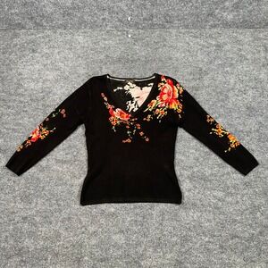 Elizabeth New York Womens Petite S Black Floral V-Neck Rhinestone Knit Top